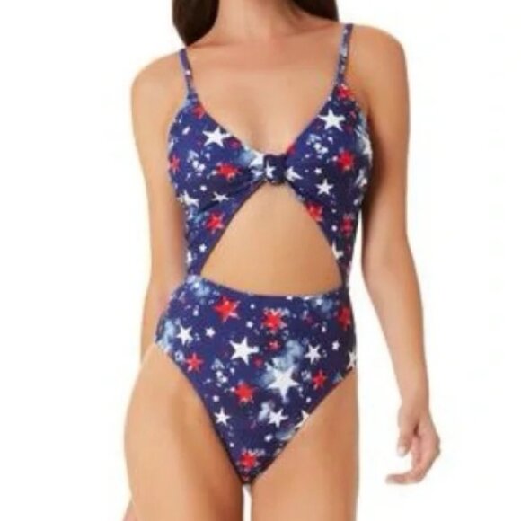 California Waves Splatter Star Knotted Front CutOut One Piece Swimsuit Blue L - Picture 1 of 11